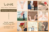 Valentine’s day illustration templates psd for marketing social media post set