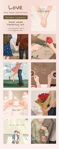 Valentine’s day illustration templates psd for marketing social media post set