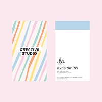 Editable business card template psd in cute pastel stripes pattern