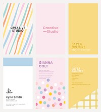 Editable business card template psd in cute pastel pattern set