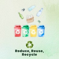 Editable environment template psd for social media post with recycling campaign in watercolor