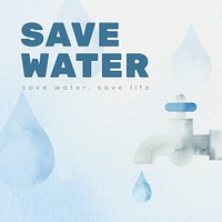 Editable environment template psd for social media post with save water text in watercolor