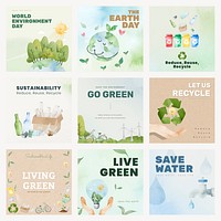 Eco-friendly editable template psd for social media post set in watercolor