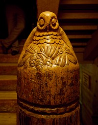 A newell post carved by Works Progress Administration workers during the Great Depression at Timberline Lodge, midway up Oregon's soaring Mount Hood.