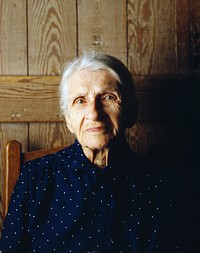 Kate Carter on her 90th birthday poses for Carol M. Highsmith in the Log cabins in North Carolina where photographer Carol M. Highsmith's Great Grandfather, Pleasant Jiles Carter (1847-1931) and Grandfather, Yancey Ligon Carter (1873-1947) were born and lived.  