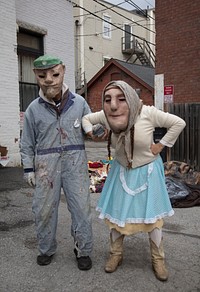 Bizarre-looking characters from the Bread and Puppet Theater in Glover, Vermont -- where homemade bread is served along with the entertainment -- perform at a street festival in the state's capital city, Montpelier.