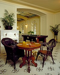 A card table in Bathhouse Row  which is a collection of bathhouses, associated buildings, and gardens located at Hot Springs National Park in the city of Hot Springs, Arkansas.