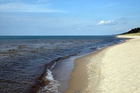 The shoreline in Indiana Dunes State Park, encompassing 2,182 acres of beaches, sand dunes, and marshes along Lake Michigan in Porter County, Indiana.
