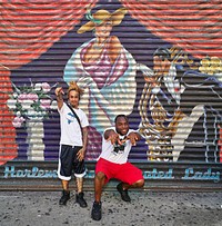 Harlen (he would not share his last name), left, and Shawn Williams style in front of the "Sophisticated Lady" mural, produced by an artist known as Franco the Great in the Harlem neighborhood of upper Manhattan borough -- one of five such county-like political jurisdictions in sprawling New York City.