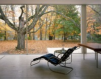 View of architect Mies van der Rohe's classic modernist Farnsworth House, now a property of the National Trust for Historic Preservation.