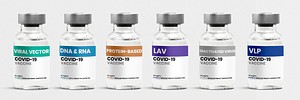 Different types of COVID-19 vaccine in glass vial bottles with labels