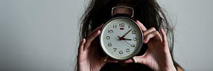 Messy hair girl wakes up with a clock social banner