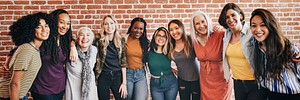 Cheerful confident women standing together social banner