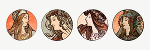Lady art nouveau illustration vector set, remixed from the artworks of <a href="https://www.rawpixel.com/search/Alphonse%20Maria%20Mucha?sort=curated&amp;page=1">Alphonse Maria Mucha</a>