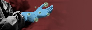 Doctors gloved hand contaminated with coronavirus banner