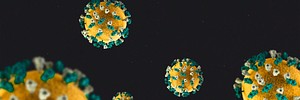 Yellow and green novel coronavirus under the microscope on a black background banner