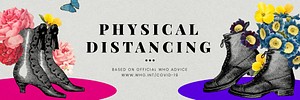 Advice on physical distancing by WHO and vintage pairs of shoes illustration vector banner
