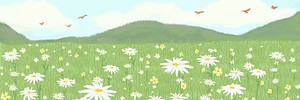 Blooming daisy field vector background with mountain email header