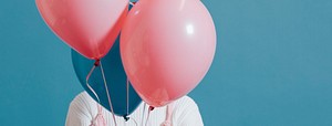 Woman with pink and blue balloons social banner