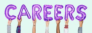 Hands holding careers word in balloon letters