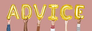 Hands holding advice word in balloon letters