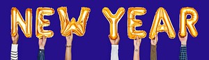 Hands holding New Year word in balloon letters