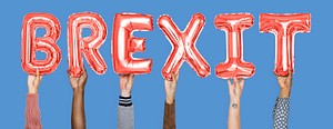 Hands holding Brexit word in balloon letters