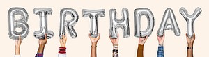 Silver gray alphabet balloons forming the word birthday