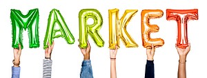 Colorful balloon letters forming the word market<br /><br />
