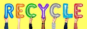Hands showing recycle balloons word