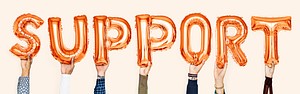 Orange alphabet balloons forming the word support<br />
