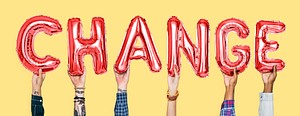 Hands holding change word in balloon letters