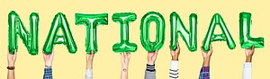 Green alphabet balloons forming the word national