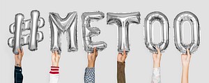 Silver gray alphabet balloons forming the word #metoo