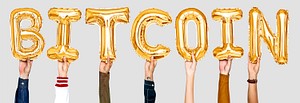 Hands holding balloons spelling Bitcoin