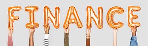 Orange balloon letters forming the word finance<br />