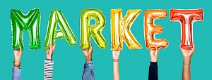 Colorful balloon letters forming the word market<br /><br />