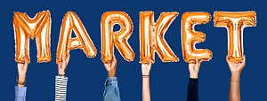 Orange balloon letters forming the word market<br />