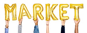 Golden balloon letters forming the word market<br />