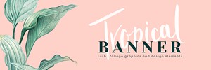 Hand drawn tropical leaves banner on a pastel pink background