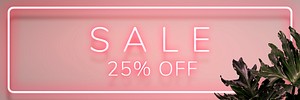 Lit pink neon 25% off sign on a wall mockup design