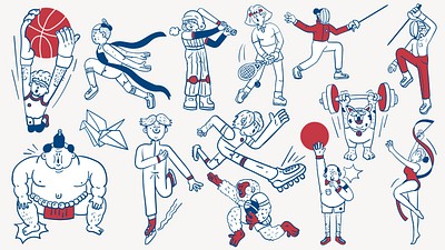 Sportive character doodle element, editable design set