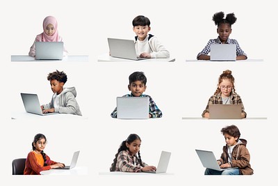 Children online learning with laptop set, editable design