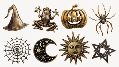 Editable Whimsigoth Halloween gold brass design element set