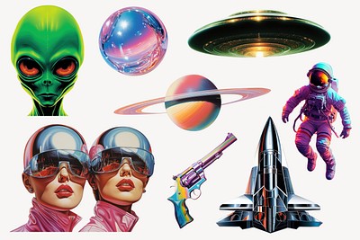 Editable sci-fi nostalgia air brush  design element set