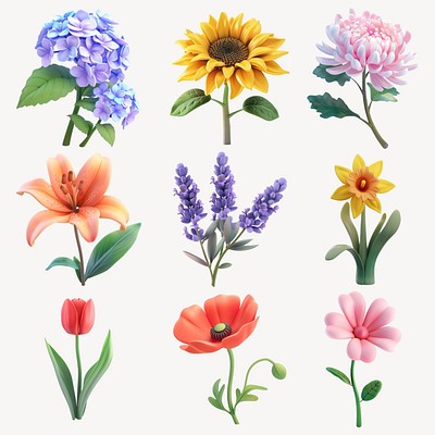 Editable 3d flower design element set