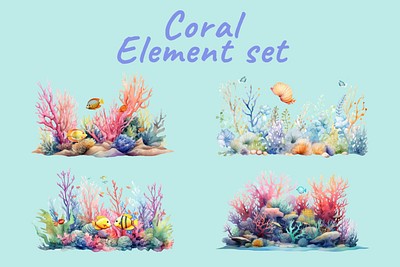 Editable watercolor coral  design element set