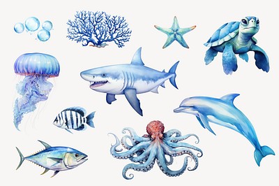 Editable watercolor sea life design element set