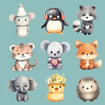 Editable Cute animal character illustrations element design set