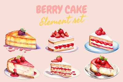 Editable watercolor berry cake design element set